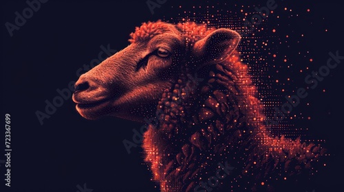  a close up of a sheep's head on a black background with a pattern of dots in the shape of a sheep's head on the left side of the sheep's head.