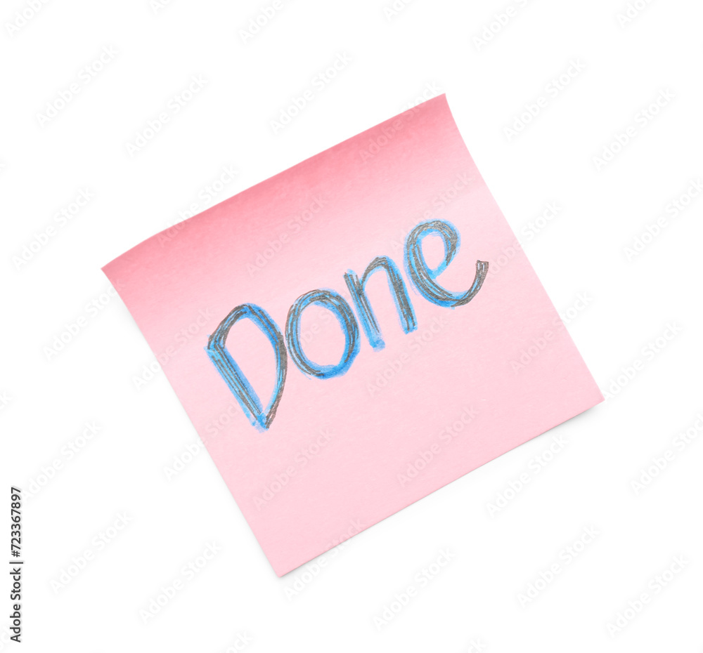 Sticky note with word DONE on white background Sticky note with word DONE on white background