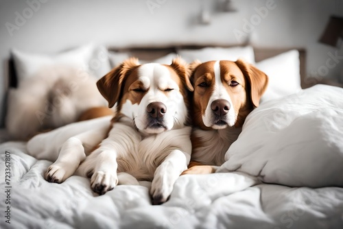 dog sleeping together in white bed at home  photo