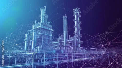 Oil production low poly wireframe banner template. Polygonal naphtha industry, earth mining, mineral resource extraction mesh art illustration. 3D oil refinery, plant equipment with connected dots photo