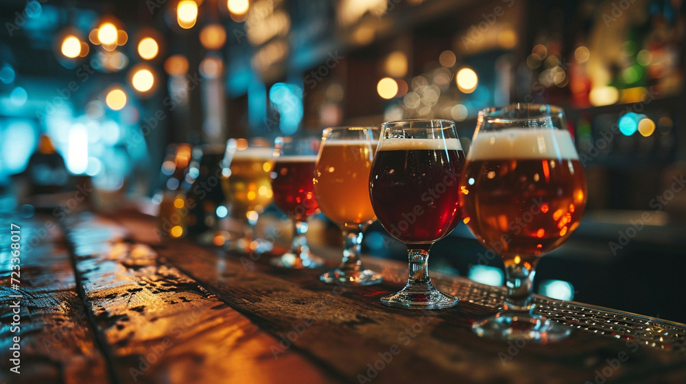 Glasses of different beer on the bar counter in the night club Glasses of different beer on the bar counter in the night club