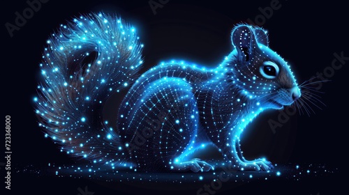  a blue squirrel with glowing lights on it's face and tail, standing on its hind legs, in front of a black background with a pattern of blue stars. photo
