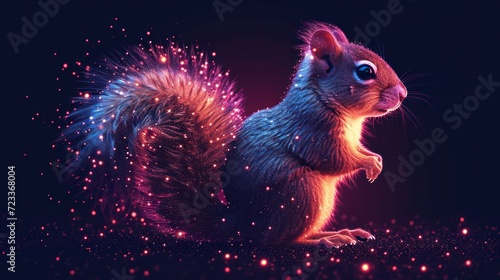 a squirrel standing on its hind legs in front of a black background with pink and blue lights on it s back legs and a black background with pink and purple stars.