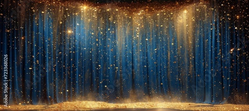 A sparkling blue curtain hangs in front of a glowing fountain  reflecting the night sky with its golden glitter and hinting at a dreamy and enchanting atmosphere