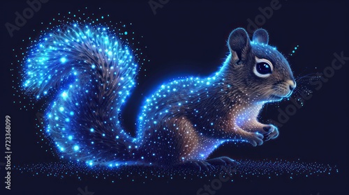  a digital painting of a squirrel with blue lights on it s face and tail  standing on its hind legs in front of a dark background of blue stars.