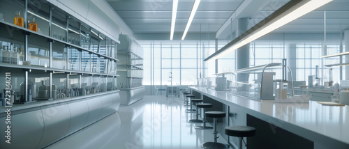 A pristine, well-lit laboratory with modern equipment and a panoramic view through floor-to-ceiling windows