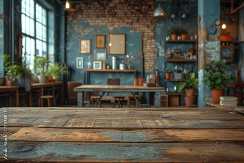 A cozy corner in a rustic home, where a wooden coffee table sits by a window, adorned with a vibrant houseplant and flowerpot, bringing the outdoors inside