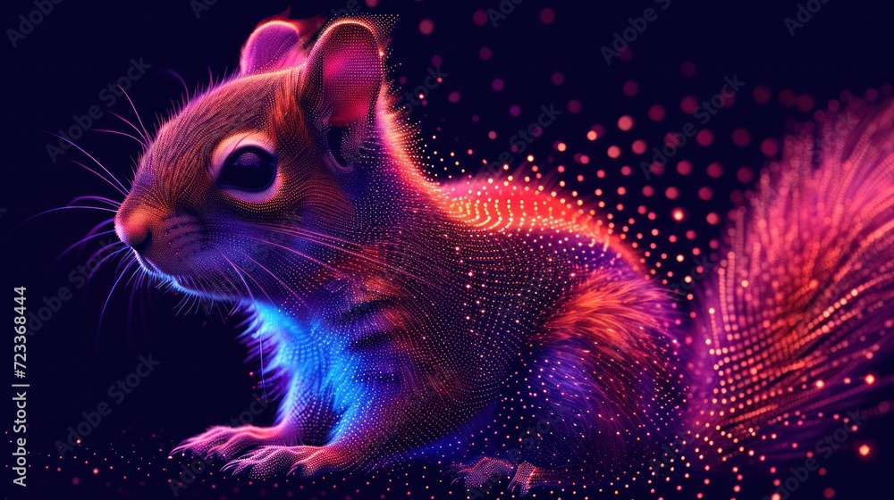 a close up of a squirrel on a black background with a pattern of dots and lines on the back of it's head, with a purple background with a red and blue tail. a close up of a squirrel on a black background with a pattern of dots and lines on the back of it's head, with a purple background with a red and blue tail.