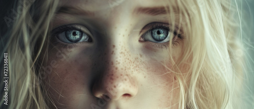 Close-up of a child's face with piercing blue eyes, conveying innocence and curiosity