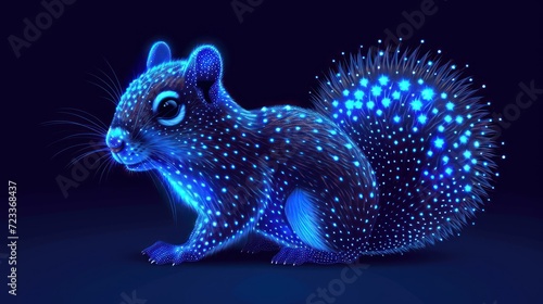  a 3d rendering of a squirrel with blue lights on it's body and a tail, sitting on a dark surface, with a blue background that has a pattern of stars in the shape of the shape of the shape of a.