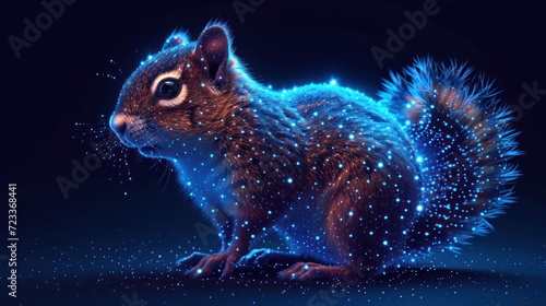  a close up of a squirrel on a black background with blue and white stars on it's back and a black background with blue and white stars on it's back.