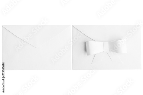 White envelope and envelope with bow on empty background