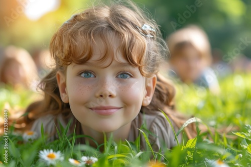 A joyful young girl basks in the warmth of summer, surrounded by a field of vibrant flowers, her beaming smile and carefree spirit perfectly captured in this portrait