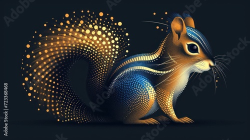  a gold and blue squirrel sitting on top of a black ground next to a yellow and blue dot filled circle on the back of it s head and a black background.