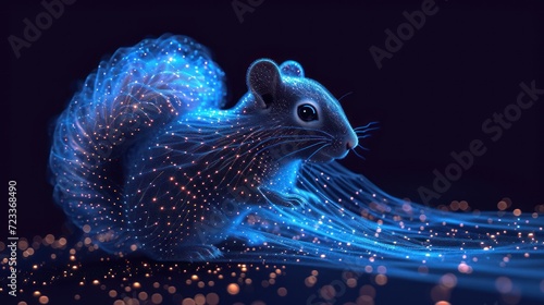  a computer generated image of a rat with glowing lights on it's body and tail, sitting on its hind legs, in front of a dark blue background.