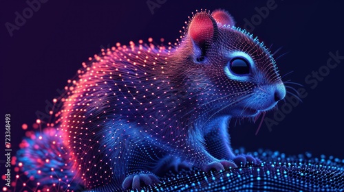  a computer generated image of a rat sitting on top of a piece of electronic equipment in front of a purple and blue background with dots on the side of the image.