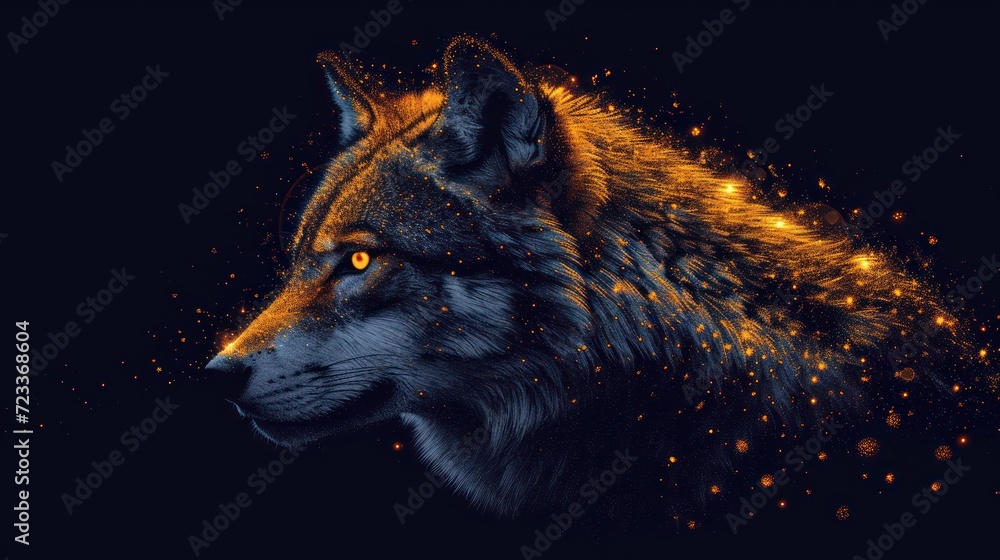 a close up of a wolf's face on a black background with yellow and orange lights coming out of the wolf's eyes and the wolf's head. a close up of a wolf's face on a black background with yellow and orange lights coming out of the wolf's eyes and the wolf's head.