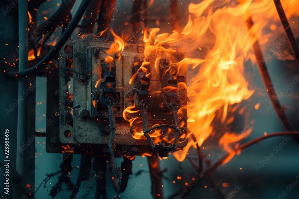Close Up of a Burning Machine - Overloaded Switchboard and Circuit Breakers Close Up of a Burning Machine - Overloaded Switchboard and Circuit Breakers