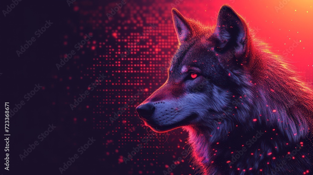  a close up of a wolf's face on a dark background with red and pink light coming from the side of the wolf's head and the wolf's head.