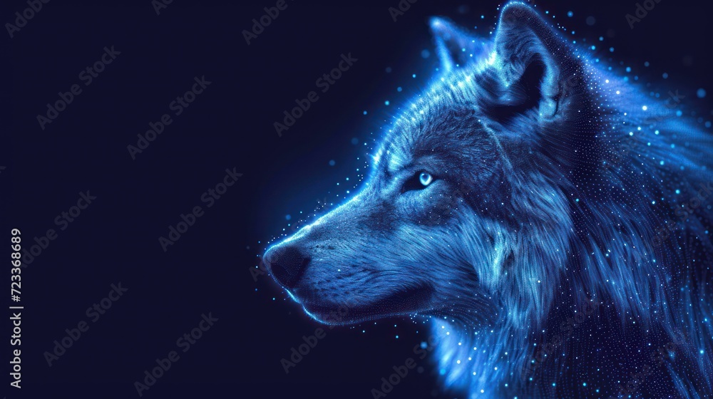  a close up of a wolf's face on a dark background with stars and snow flakes on the fur and in the foreground is a blue glow of the wolf's head.