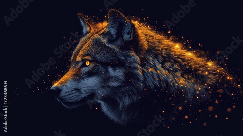  a close up of a wolf's face on a black background with yellow and orange lights coming out of the wolf's eyes and the wolf's head.