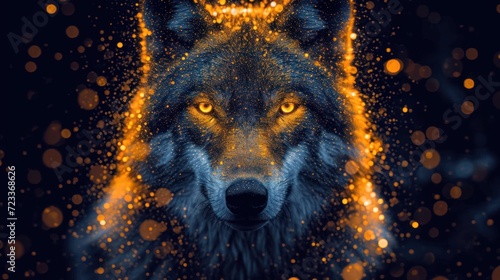  a close up of a wolf's face on a black background with yellow and orange lights in the foreground and a blurry image of the wolf's head.