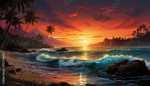a painting on a tropical beach that shows palm trees and a sunset © Photo And Art Panda