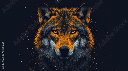  a close up of a wolf's face on a black background with orange and blue stars in the middle of the image and the wolf's head is looking at the viewer.