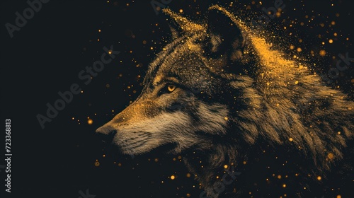  a close up of a wolf's face on a black background with gold flecks of light coming out of the wolf's eyes and the wolf's head.