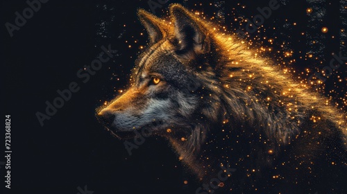  a close up of a wolf's face on a black background with gold flecks of light coming out of it's eyes and on the side of the wolf's head.