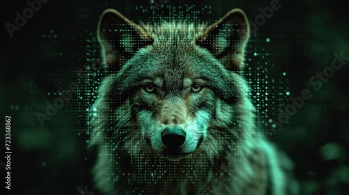  a close up of a wolf s face in front of a background of green and black dots and dots with a blurry image of a wolf s head in the foreground.