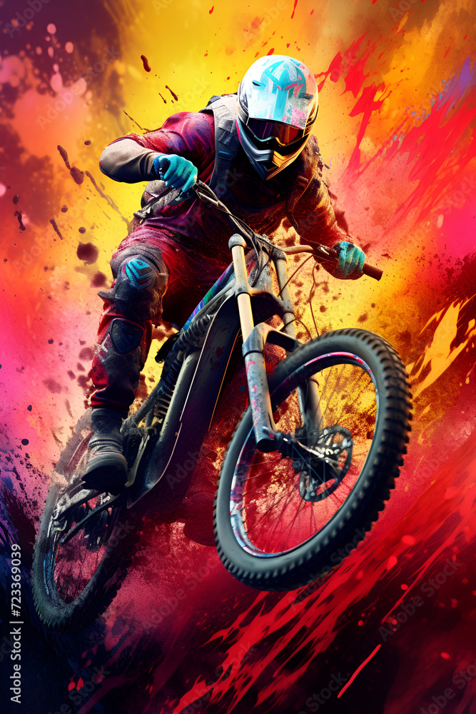 MTB Downhill rider on colorful background.