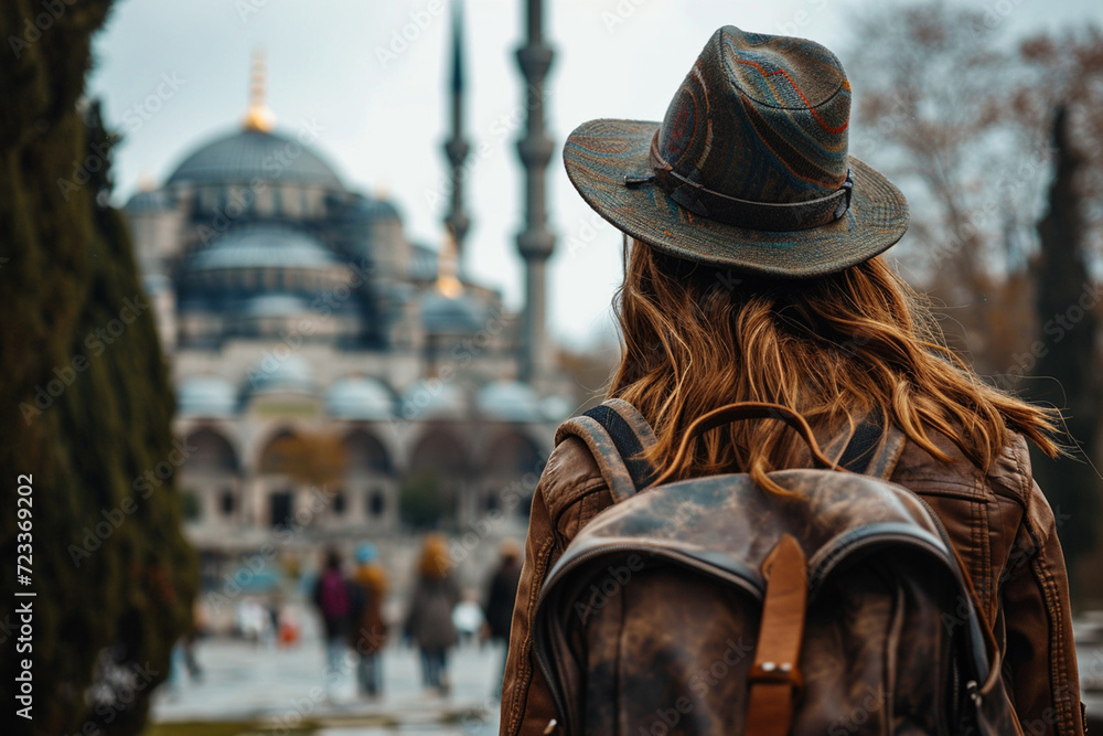 Back view of young woman traveler with backpack and hat looking at Hagia Sophia in Istanbul, Turkey