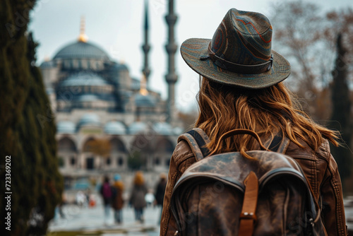 Back view of young woman traveler with backpack and hat looking at Hagia Sophia in Istanbul, Turkey