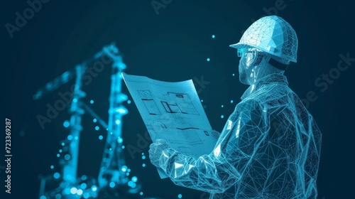 rchitect or engineer in hard hat holding a blueprint looking at gas drilling. 3d abstract vector illustration. Construction, business or petroleum industry concept. Low poly wireframe