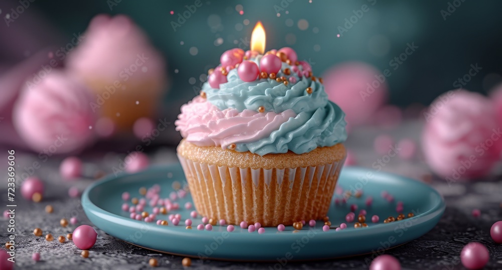 A sugary treat topped with a flickering flame, this cupcake exudes celebration and sweetness with its buttercream icing and colorful sprinkles, perfect for a birthday or any special occasion A sugary treat topped with a flickering flame, this cupcake exudes celebration and sweetness with its buttercream icing and colorful sprinkles, perfect for a birthday or any special occasion