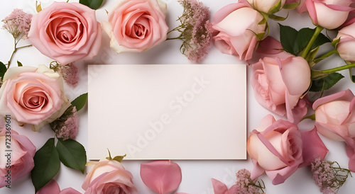 a white card surrounded by pink roses