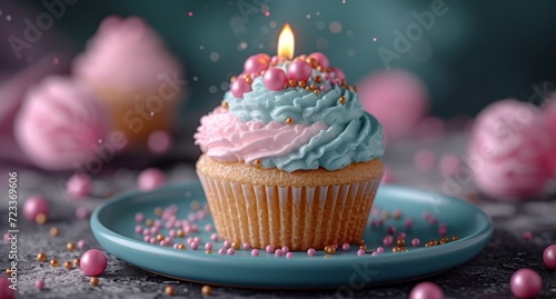 A sugary treat topped with a flickering flame  this cupcake exudes celebration and sweetness with its buttercream icing and colorful sprinkles  perfect for a birthday or any special occasion