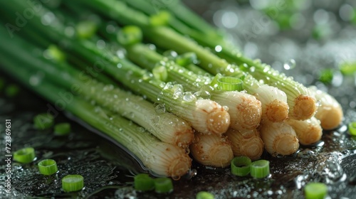  a close up of a bunch of asparagus on a table with water droplets on the stems and green onions sprouts on the side of the table.