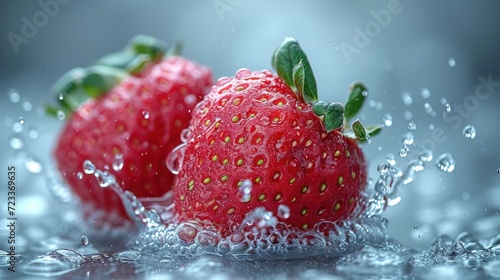  a couple of strawberries sitting on top of a table covered in drops of water with green leaves on top of the top of the strawberries and on the bottom of the.