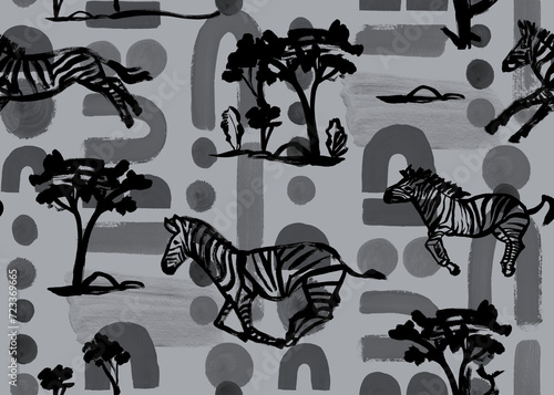 Abstract pattern with running zebras on the savannah painted