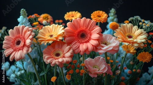  a close up of a bunch of flowers with orange and pink flowers in the middle of the picture and blue and yellow flowers in the middle of the flowers in the middle of the picture.