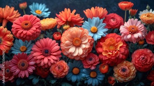  a close up of a bunch of flowers with orange, pink, blue, and yellow flowers in the middle of the picture and on the bottom of the picture. © Nadia