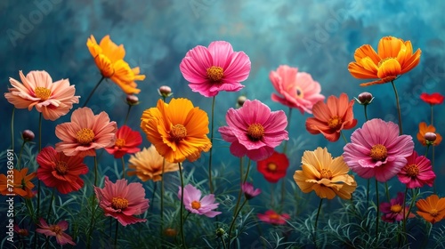  a bunch of flowers that are on a blue and green background with a blue sky in the back ground and a blue sky in the back ground with a few orange and pink and yellow flowers. © Nadia