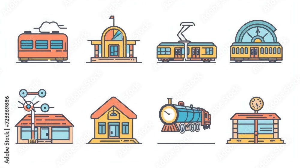 Set of train station Icons. Simple line art style icons pack. Vector illustration