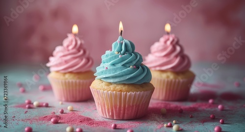 A decadent dessert with creamy buttercream and sugary sprinkles, this birthday cupcake exudes sweetness and celebration with its pink frosting and lit candles