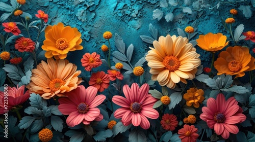 a bunch of flowers that are next to each other on a blue and green background with leaves and flowers on the bottom of the picture and bottom half of the picture.