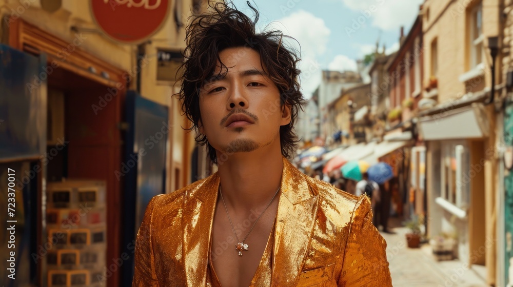  a man standing in front of a store wearing a gold shirt and a necklace with a cross hanging from it's chest, in the middle of a narrow city street.