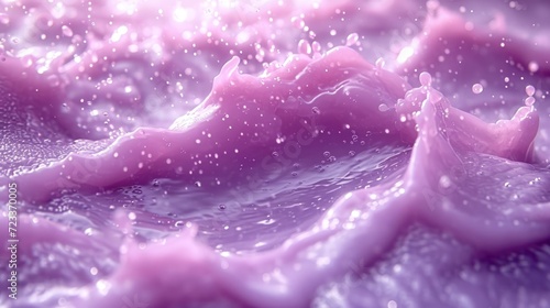  a close up of a purple substance with drops of water on the surface of the liquid and on the surface of the liquid is a pink substance that is floating on the surface.