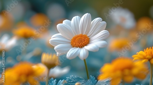  a close up of a white and yellow flower in a field of blue and yellow flowers with a blurry background of yellow and white daisies in the foreground.